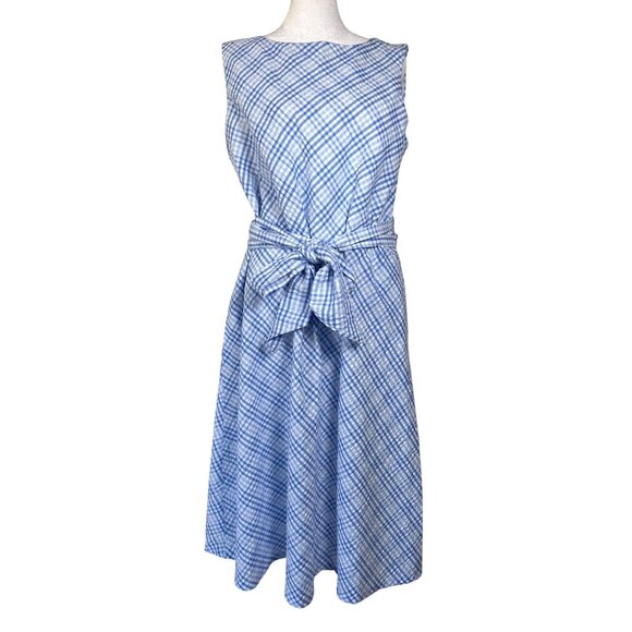 Anne Klein Dress Size 12 Seersucker Gingham Midi Sleeveless Belted Classic Blues - Picture 1 of 10